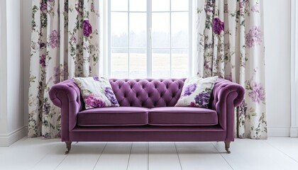Purple Velvet Sofa with Floral Pillows and Curtains