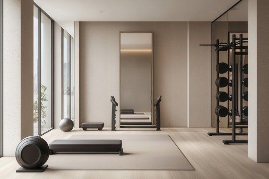 Modern living room gym setup with sleek workout gear urban apartment interior design contemporary environment wide-angle view fitness concept