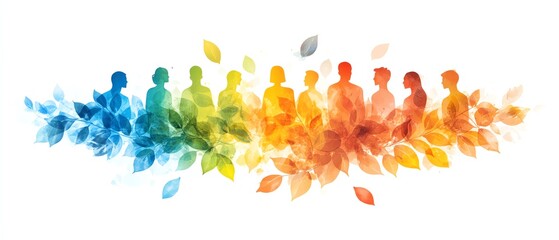Obraz premium A diverse group of people connected in a community, with soft colors, abstract design, and leaves symbolizing networking, collaboration, teamwork, and social interaction