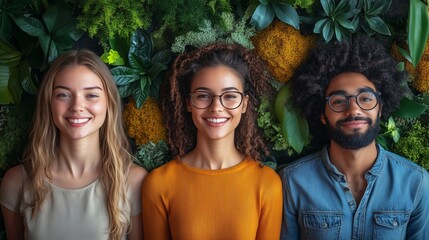 Three people photograph smiles in a friendly indoor setting, surrounded by lush green walls and natural elements. The vibrant atmosphere showcases amicability and togetherness.