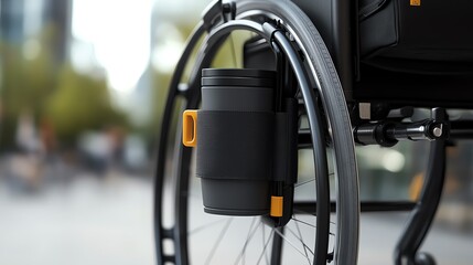 Modern wheelchair with cup holder detail.