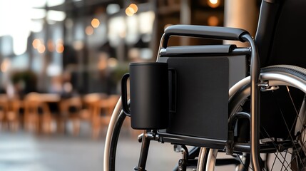 Modern wheelchair with a cup holder in cafe.