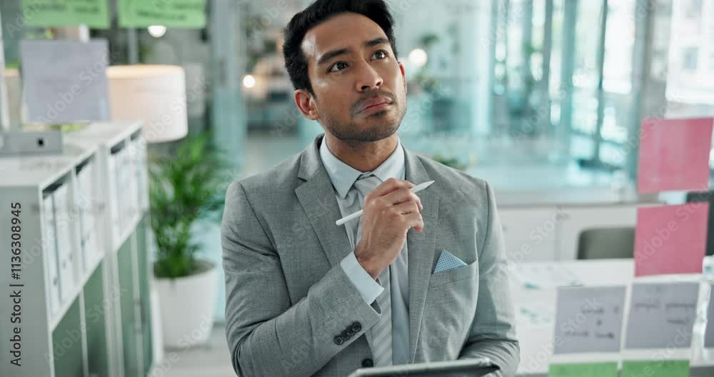 Leinwandbilder Tablet, strategy and thinking with business man in office for planning or problem solving on window. Agenda, mindmap and sticky notes with corporate employee at work for brainstorming or schedule