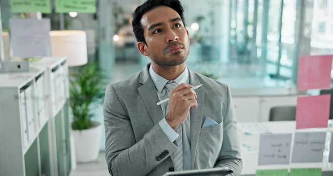 Tablet, strategy and thinking with business man in office for planning or problem solving on window. Agenda, mindmap and sticky notes with corporate employee at work for brainstorming or schedule