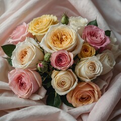 Obraz premium A mixed rose bouquet lying on a soft fabric, with the soft hues of pink, yellow, and white blending together.