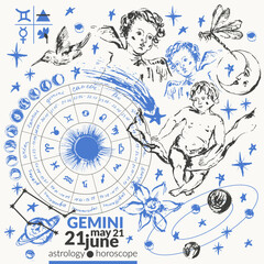 Hand drawn gemini zodiac sign illustration, horoscope background with astrology symbols and talismans.