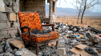 Abandoned Burnt Orange Chair Amidst Charred Debris in Devastated Setting