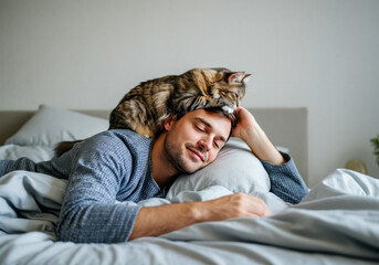 Man peacefully rests in bed with cat lounging on his head at home during a cozy morning