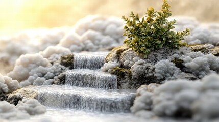 Serene Waterfall Steps with Lush Greenery