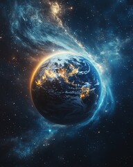 Obraz premium Earth in space, surrounded by swirling stars and a glowing galaxy, symbolizing the beauty of our planet and the grandeur of the universe