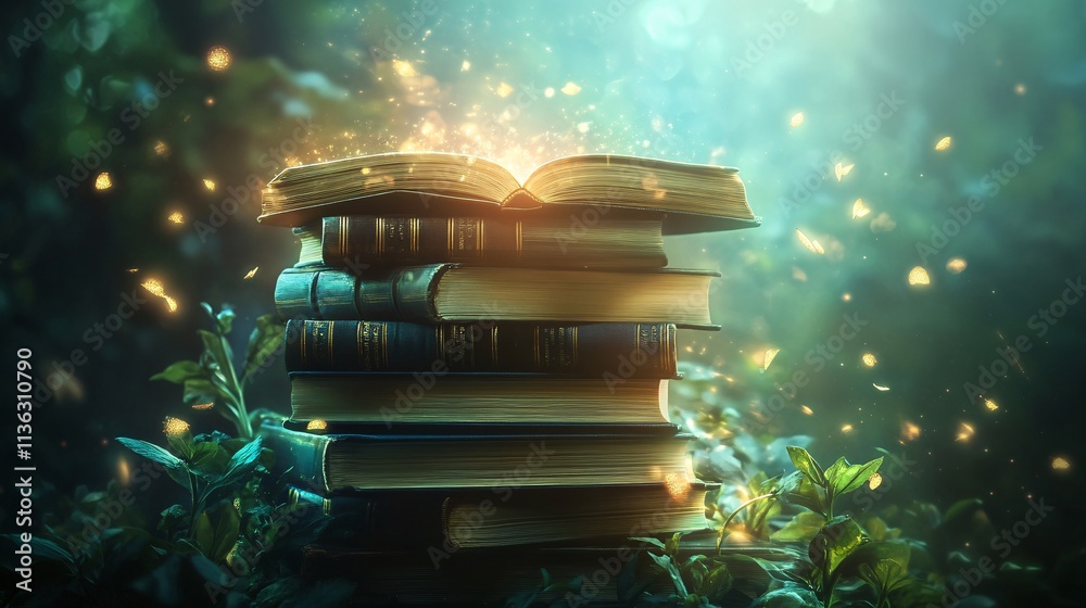Poster open magic book shining on stack of old books in enchanted forest