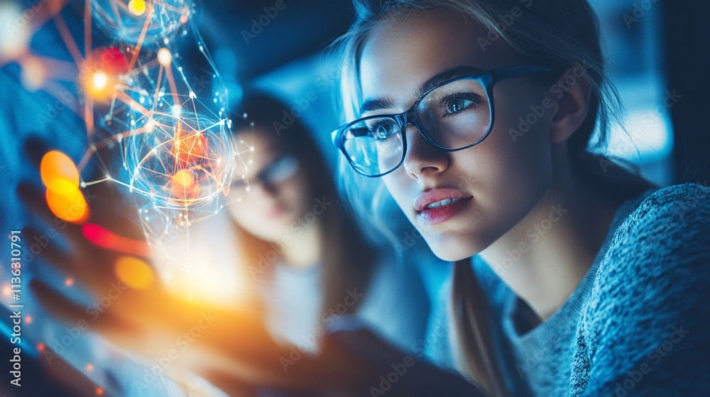 Poster businesswomen working with futuristic holographic interface showing global network and data flow