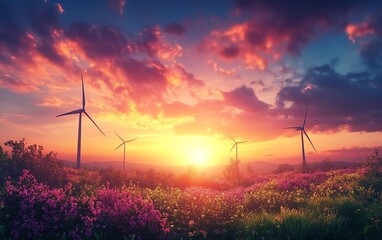 Obraz premium Serene landscape at sunset with wind turbines amidst lush greenery, set under a vibrant, colorful sky, symbolizing sustainable energy and harmony with nature