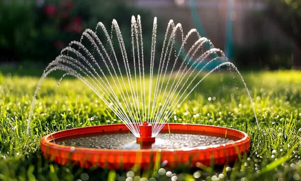 Small orange sprinkler watering vibrant green grass in sunlight