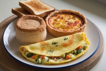 Savory Omelette, Quiche, and Souffle on a Breakfast Plate with Fresh Herbs