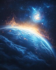 Obraz premium A breathtaking view of Earth in space, with swirling stars and a majestic galaxy in the distance, showcasing the splendor of our planet and the mysteries of the universe