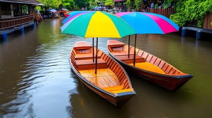 Obraz premium Colorful Umbrella Canoes Floating on a Calm River in a Scenic Outdoor Setting
