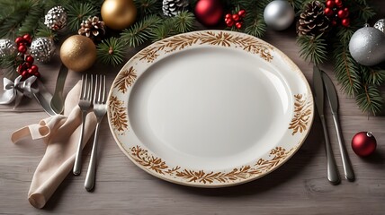 Christmas Banner Dinner Table Setting Frame With Empty Plate Cutlery Christmas ornaments And Fir Tree. Winter Holidays Background with space for texts