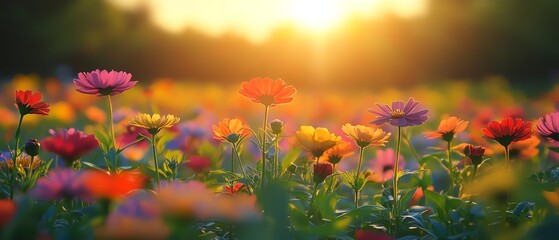 Fototapeta premium A field of blooming flowers with solar panels installed, basking in bright sunlight and generating renewable electricity for a sustainable future