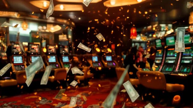A casino interior with lots of slot machines. There is money flying everywhere