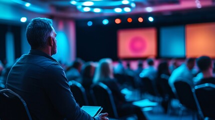 Businessman attending conference presentation in convention center