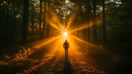 Man walks towards radiant sunrise in misty forest.