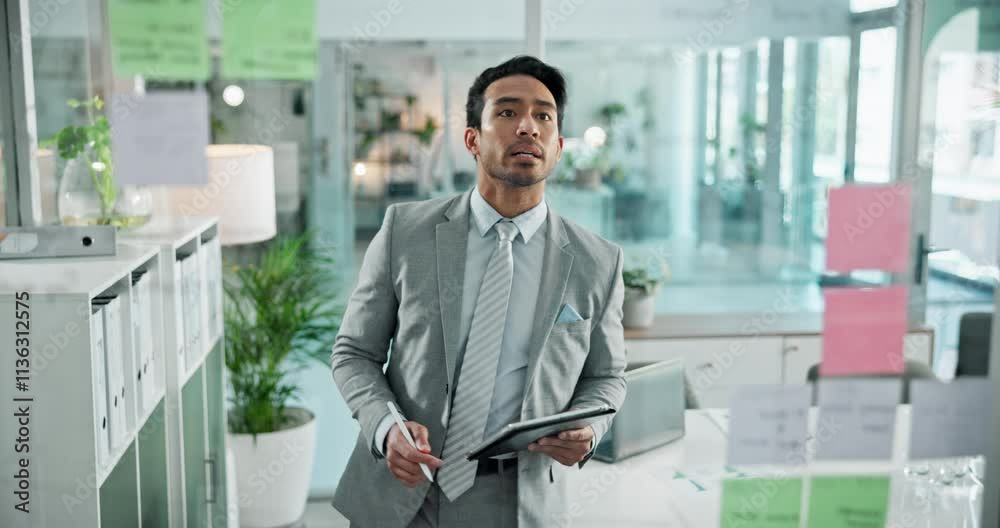 Poster tablet, planning and thinking with business man in office for problem solving or strategy on window.