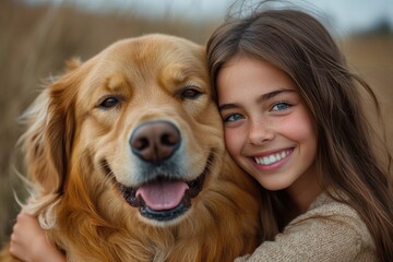 Girl embraces golden retriever in a serene outdoor setting during golden hour