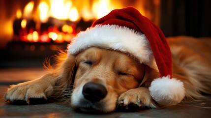 Dog wearing a Santa hat lying by a warm fireplace