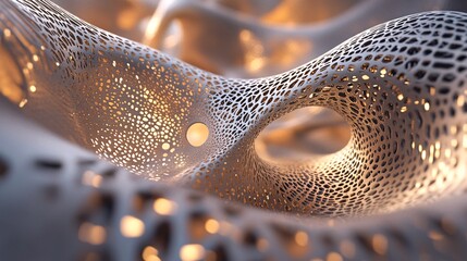 Abstract wavy metallic mesh structure with holes creating intricate patterns and soft lighting