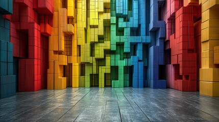 Abstract folded paper maze set against a bright colorful background. A 3D-rendered composition highlighting the complex structure and vibrant interplay of color.
