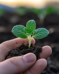 A hand gently cradling a vibrant green seedling at sunrise, showcasing the essence of growth, nature, and the foundation of sustainable gardening