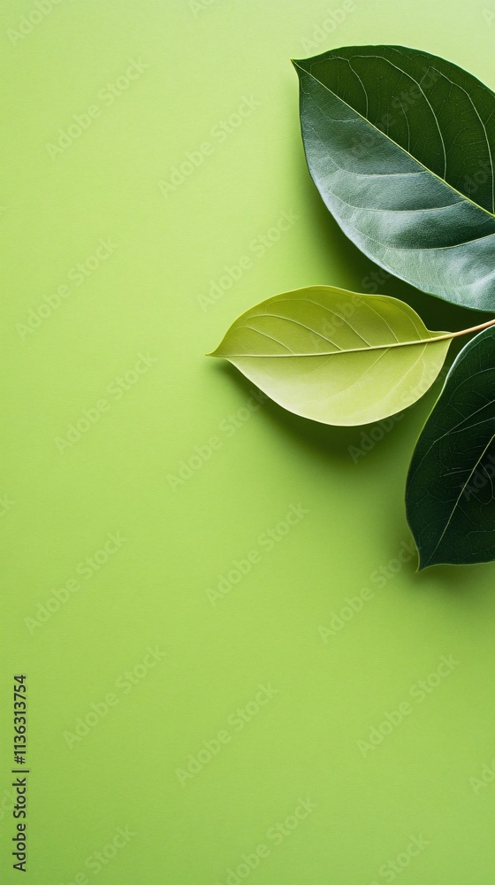 Poster Green leaves arranged on matching green background creating negative space