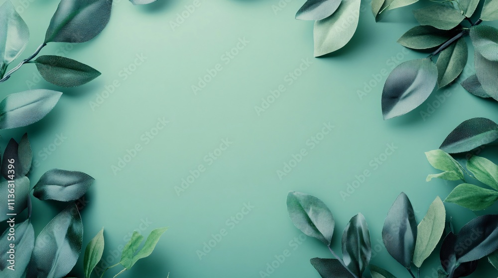 Poster green leaves bordering teal background creating copy space