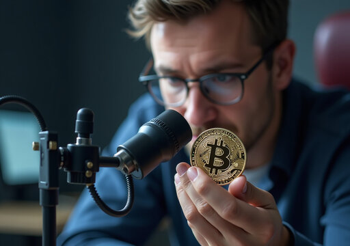 expert bitcoin reviewer examines isolated coin magnified lens detailed insights