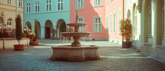 A classical fountain splashes in a sunny courtyard surrounded by pastel buildings, exuding elegance and European charm.