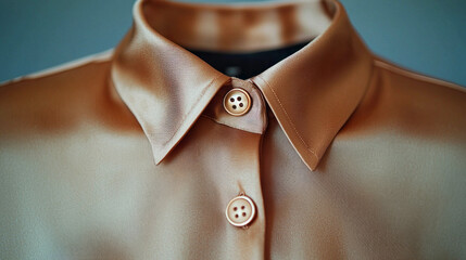 A close up of a woman's shirt collar with a button on it. The color of the year mocha mousse