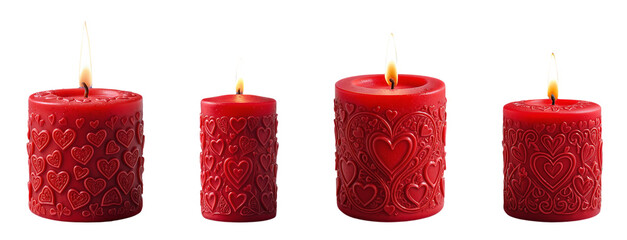 Set of red burning candles with a heart pattern on a transparent background