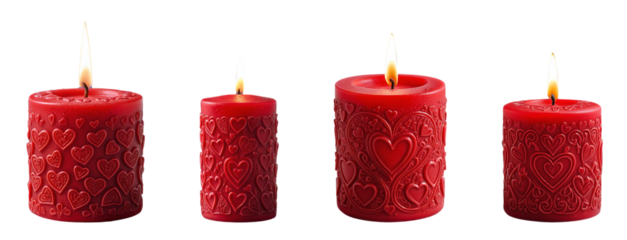 Set of red burning candles with a heart pattern on a transparent background