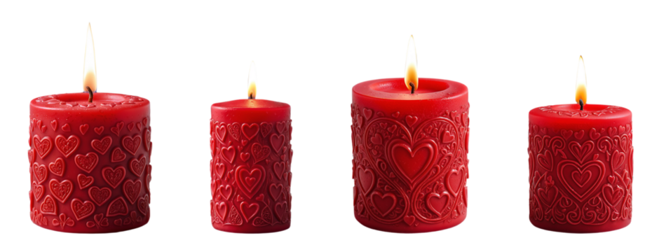Set of red burning candles with a heart pattern on a transparent background