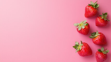 Fresh strawberries arranged on a pink background, showcasing vibrant colors and textures.