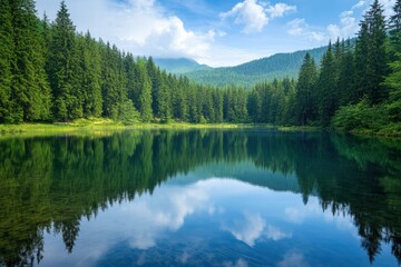 Fototapeta premium Tranquil lake reflecting dense forest under a clear blue sky in a nature reserve