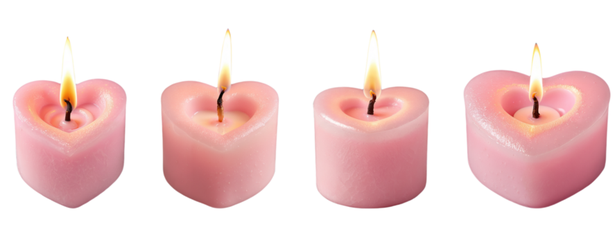 Set of pink heart candles with a yellow flame on a transparent background