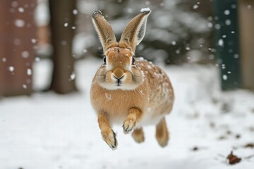 Playful hare leaps through snow in a winter wonderland scene