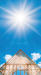 New wooden house construction frame rising against a bright blue sky during sunny day