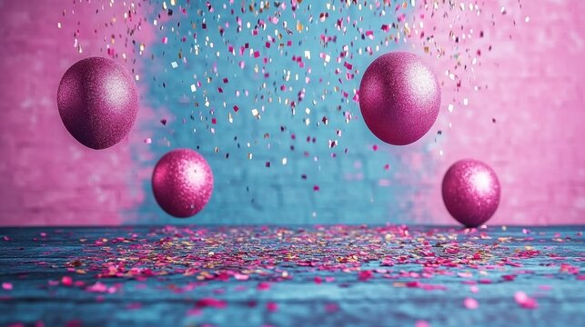 A vibrant blue background with shimmering confetti raining down creating a festive and cheerful scene for parties celebrations or holiday-themed visuals