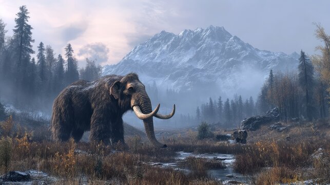 Realistic brown wooly mammoth standing in a prehistoric mountainous landscape. Ice age wilderness, ecosystem animation. Extinct ancient mammal species. Paleolithic period, evolutionary biology.
