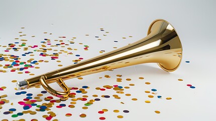 Obraz premium A shiny gold New Yeara??s party horn surrounded by confetti, isolated on white.