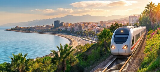 A train travels along a coastal railway, with stunning views of the sea and city in the background, illuminated by the warm light of sunset, palm trees framing the landscape