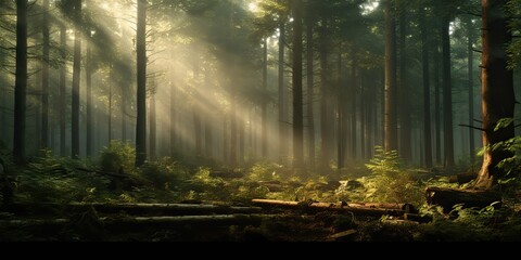 Obraz premium Nature outdoor forest with sun lights rays background. Adventure realxing